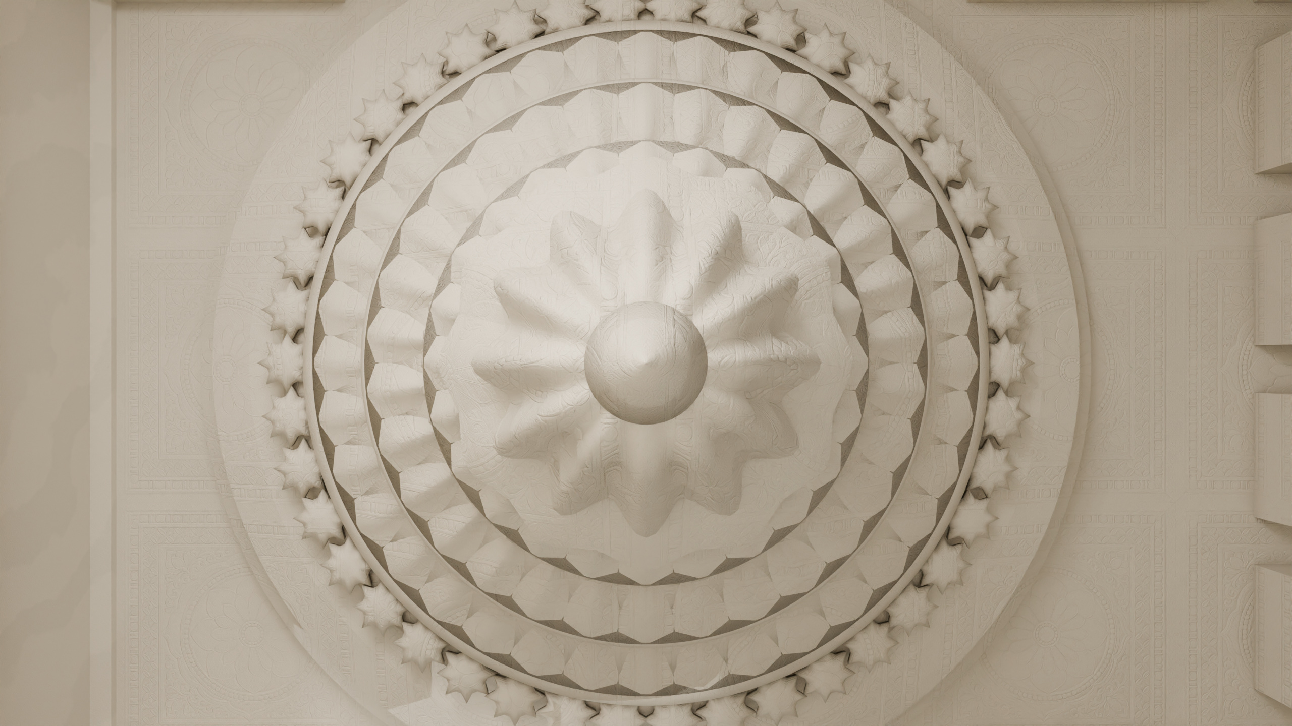 Carved white marble ceiling rosette seen from directly below, concentric rings of lotus petals stepping down to a hanging pendant