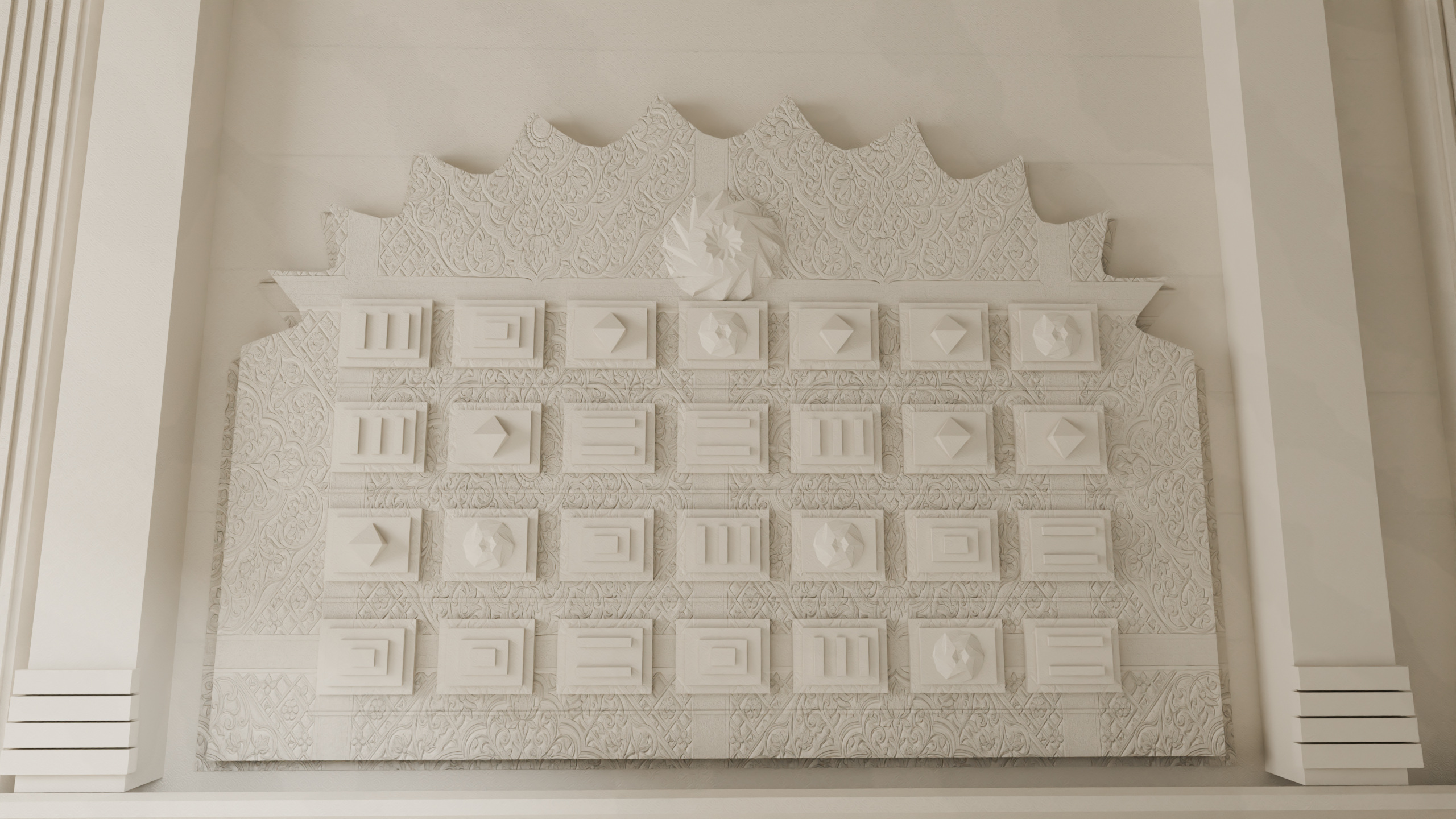 A carved white marble wall panel under a cusped arch, filled with inscribed glyphs, filling the frame