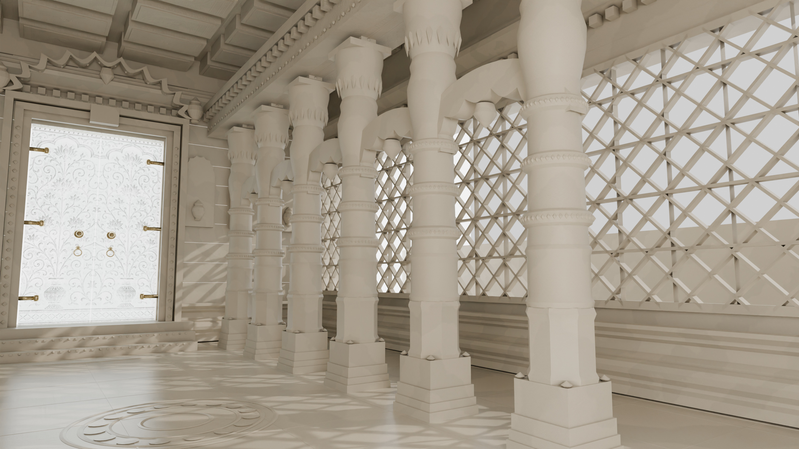 Six white marble pillars in a row under cusped arches, evenly lit before a pierced screen
